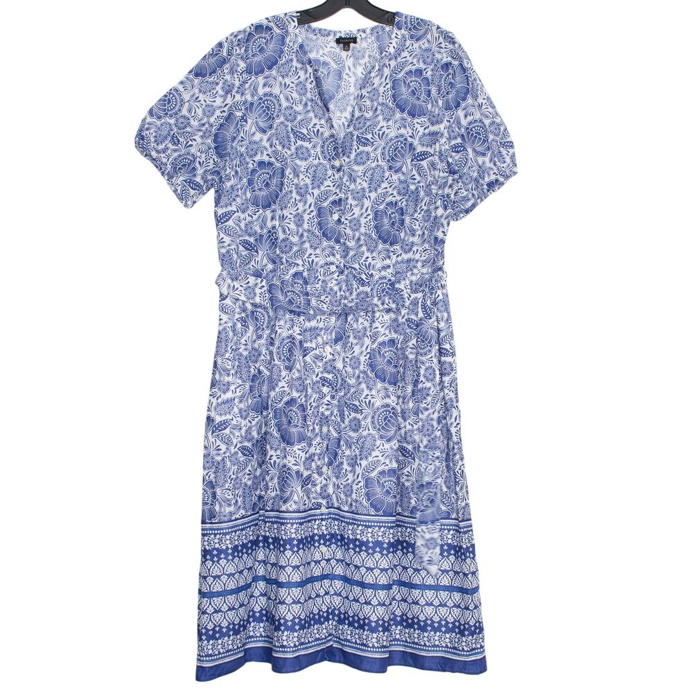 Talbots Plus Size 16 Floral Blue White Midi Dress Button Front Boho Cottagecore - Picture 5 of 6